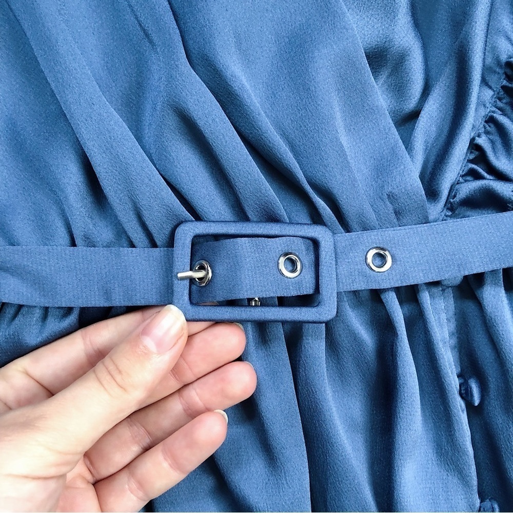 Kate Spade • Belted Satin Midi Dress ruffle trim short sleeve Antique Blue - Picture 6 of 16